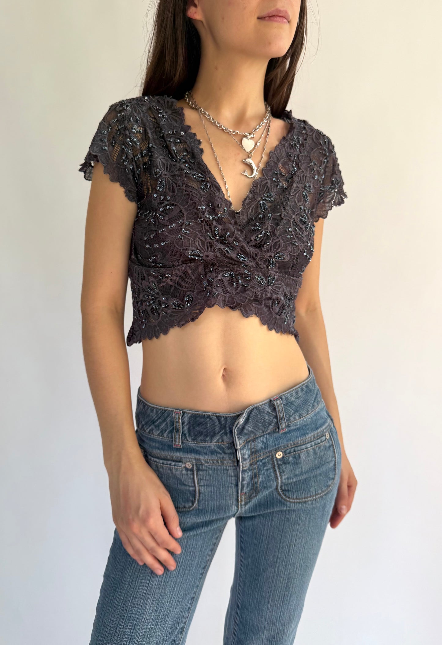 Y2K beaded lace top with V-neck