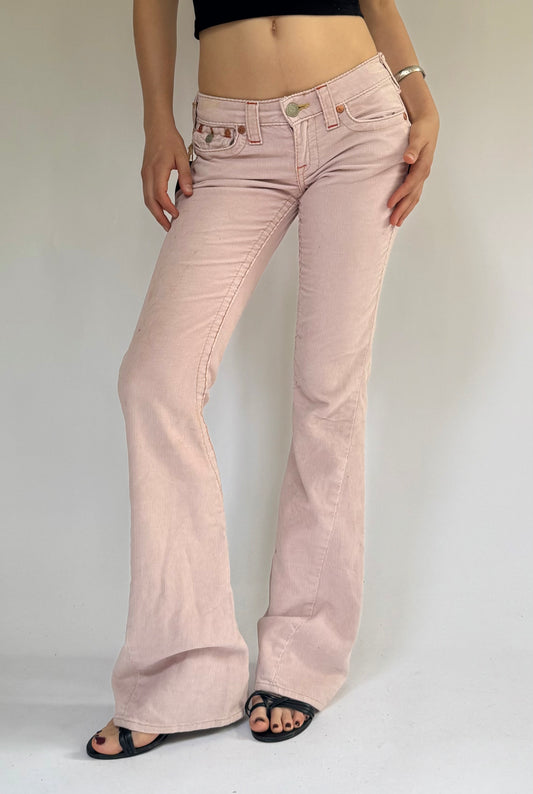 Y2K DEADSTOCK with tags TRUE RELIGION pink corduroy low-rise flare jeans