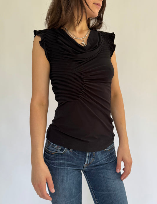 Y2K fitted black ruched cowl neck slinky top by Dudsak designs