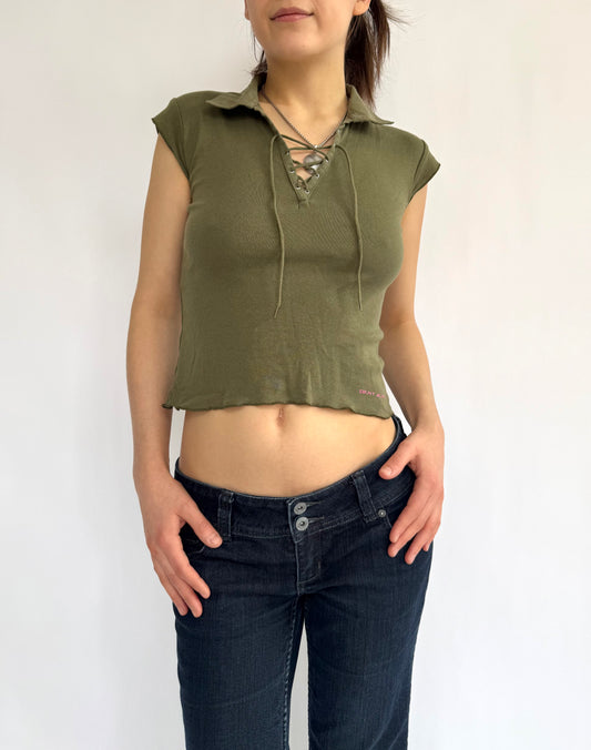 Y2K/2000s olive green cotton baby tee by DKNY