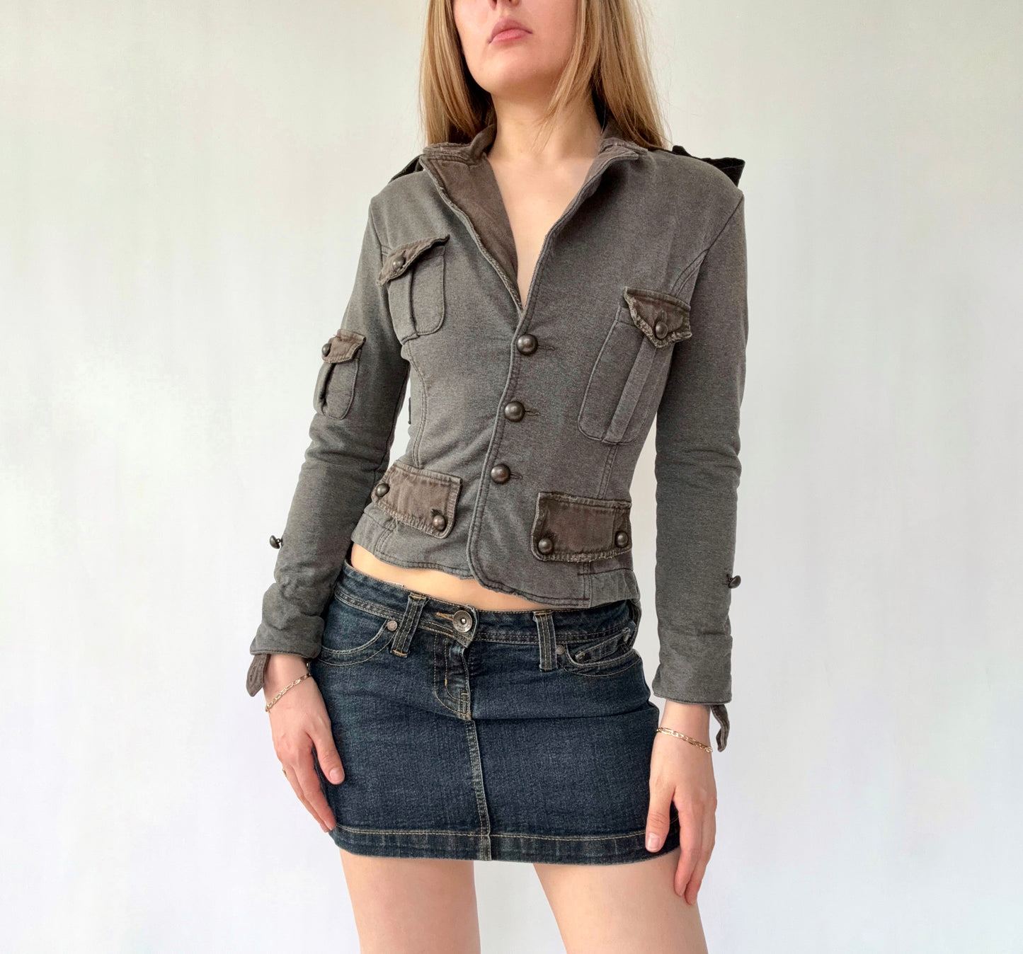 Y2K grunge Grey & khaki cargo cotton button-up jacket