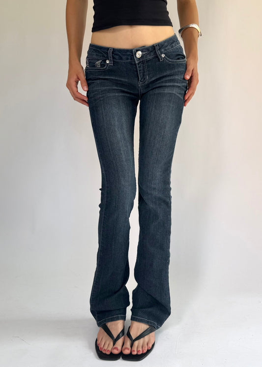 Y2K low rise flared jeans with rhinestone details By BLUE SPICE