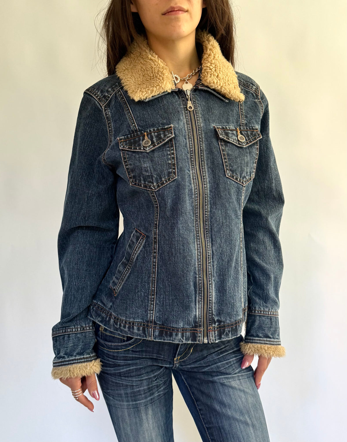 French Cuff Y2K Sherpa Collar Denim Jacket – Size M