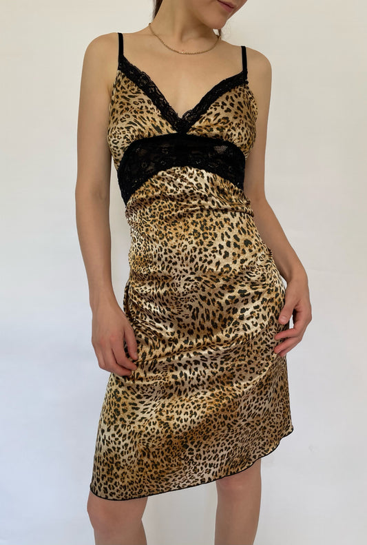 Y2K satin cheetah slip dress