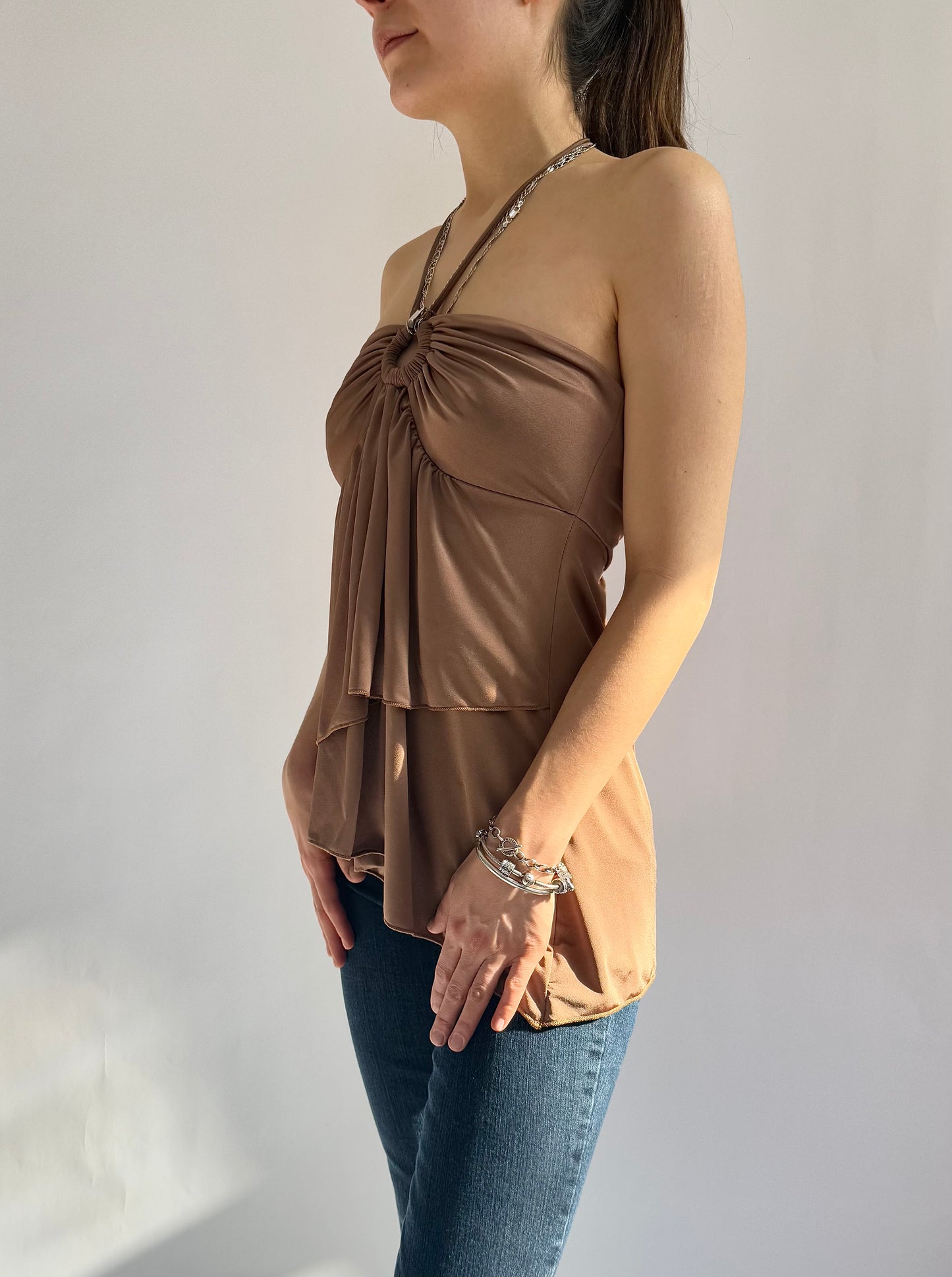 Y2K fairy core tan asymmetrical top with tie detail