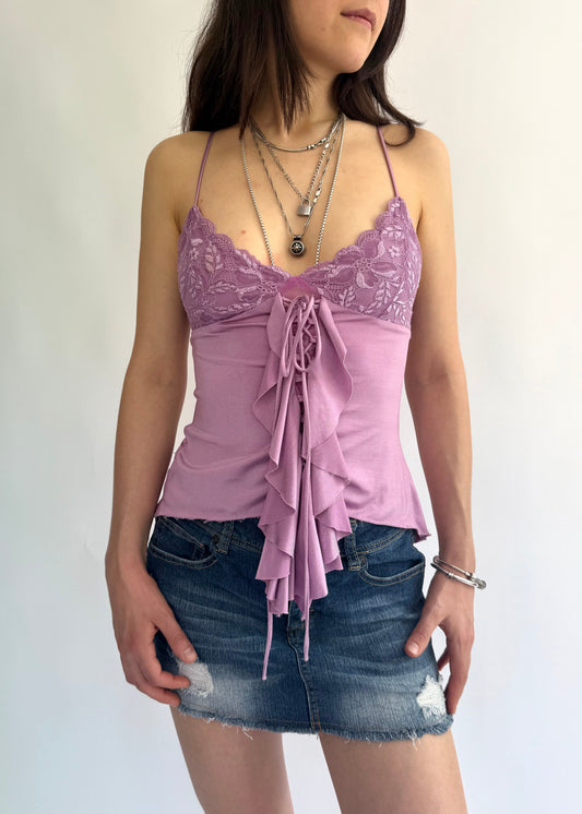 Y2k fairy core purple top with ruffles and lace up detail