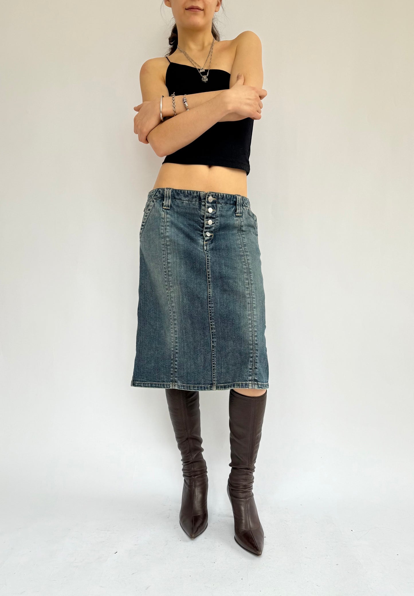 Y2K denim low rise midi skirt by BCBG maxazria