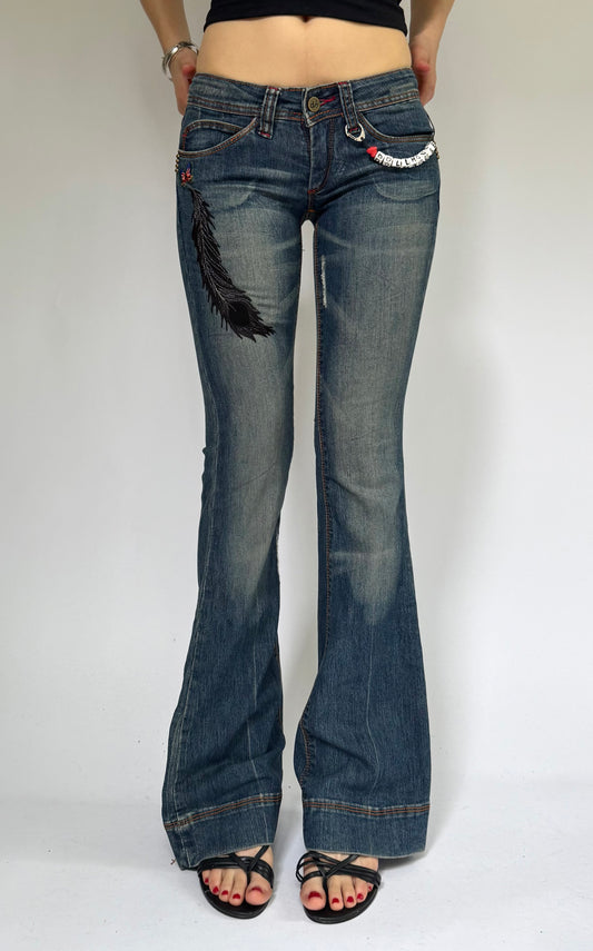 Y2k Deadstock DOLLHOUSE low rise flared jeans with embroidery and charms