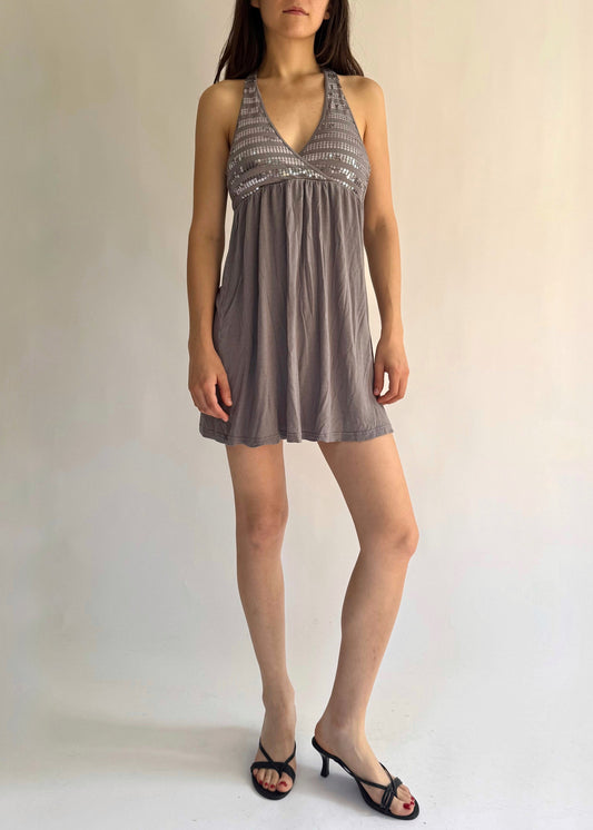 Y2K Grey and silver sequin halter neck mini dress