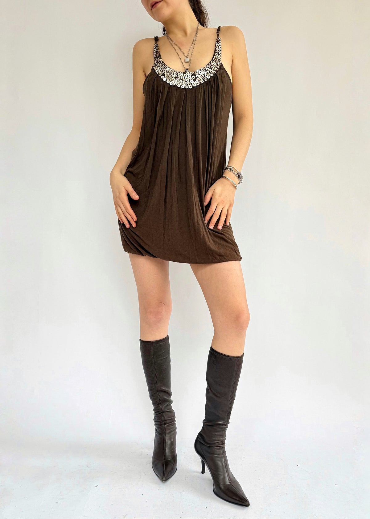 Y2K Brown mini dress with beaded neckline and spaghetti straps