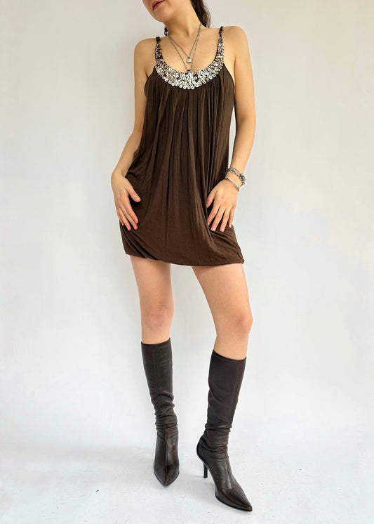 Y2K Brown mini dress with beaded neckline and spaghetti straps