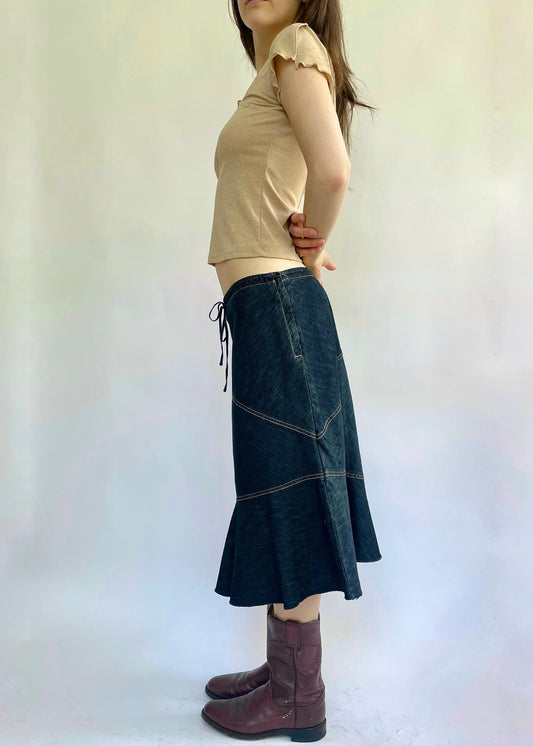 Y2K low rise denim midi skirt