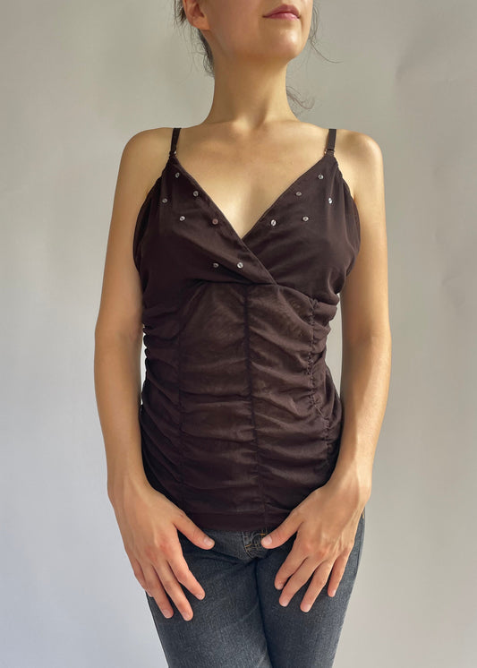 Y2K V-neck brown mesh cami top